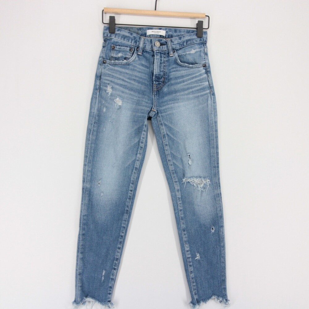 Moussy Vintage Glendele Jeans Womens 23 Blue Distressed Skinny Frayed Raw Hem